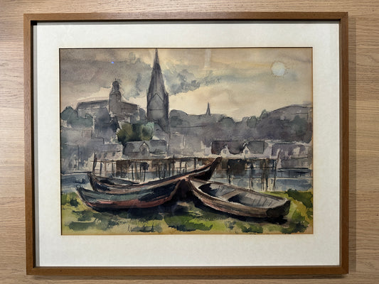 Eindrucksvolles Orig.-Aquarell Stadtansicht Flensburg Hafen Boote handsigniert